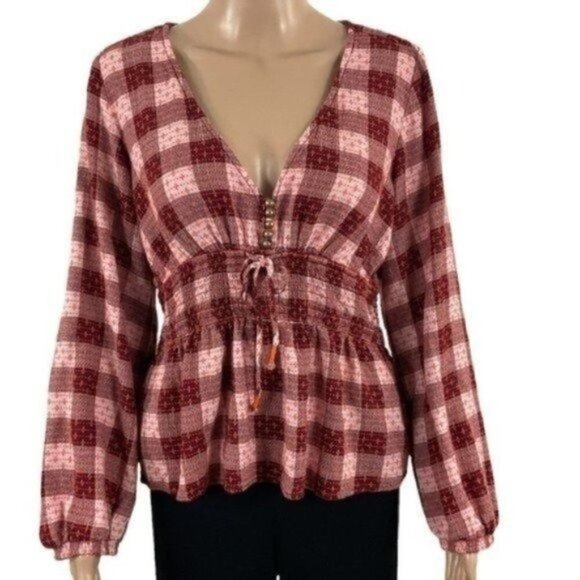 Anthropologie Pilcro Plaid Deep V-neck Blouse Red Orange Boho Smocked Tie Waist - Picture 1 of 8
